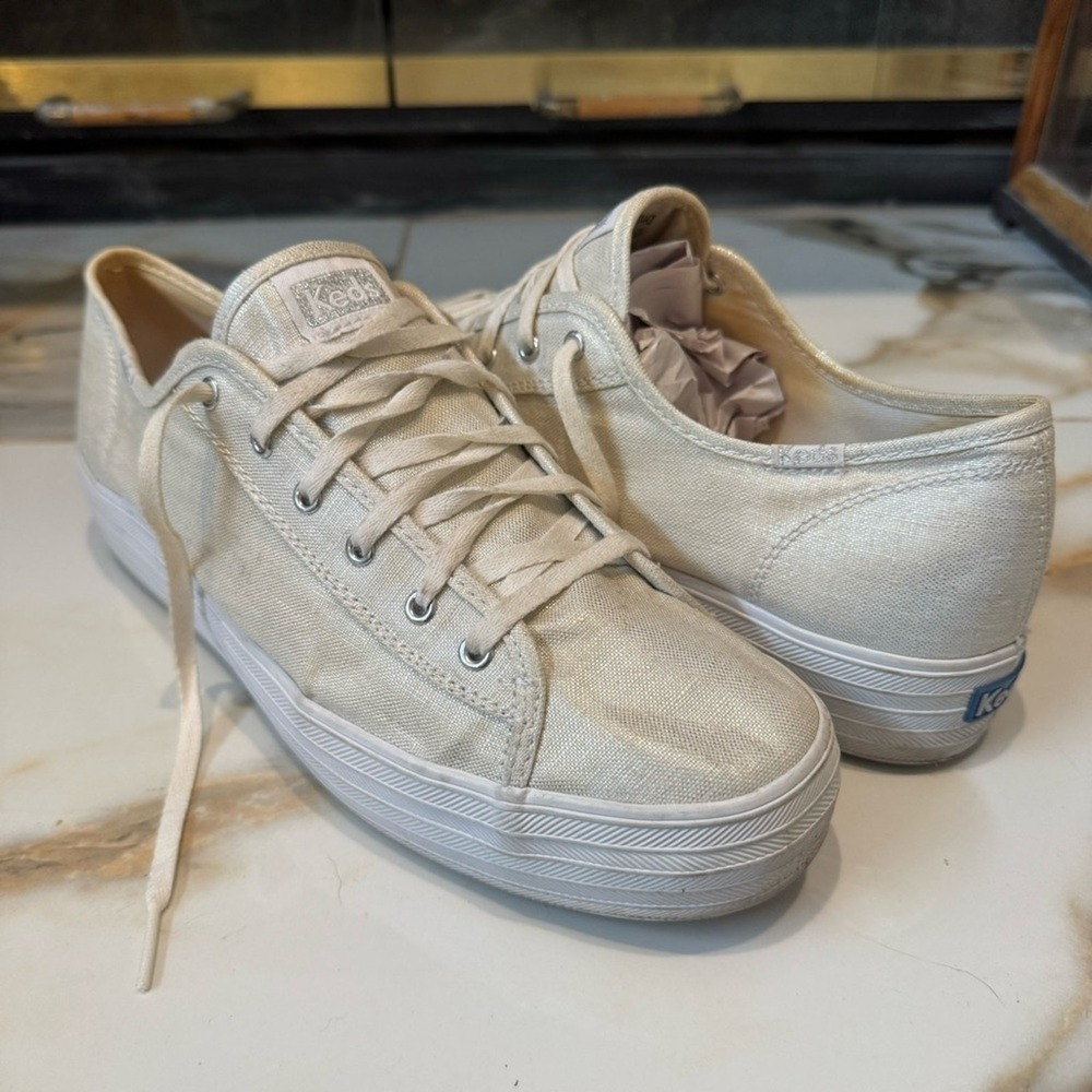 Keds OrthoLite Silver Shimmer Platform Sneakers Metallic Gray Lace Up Size 9